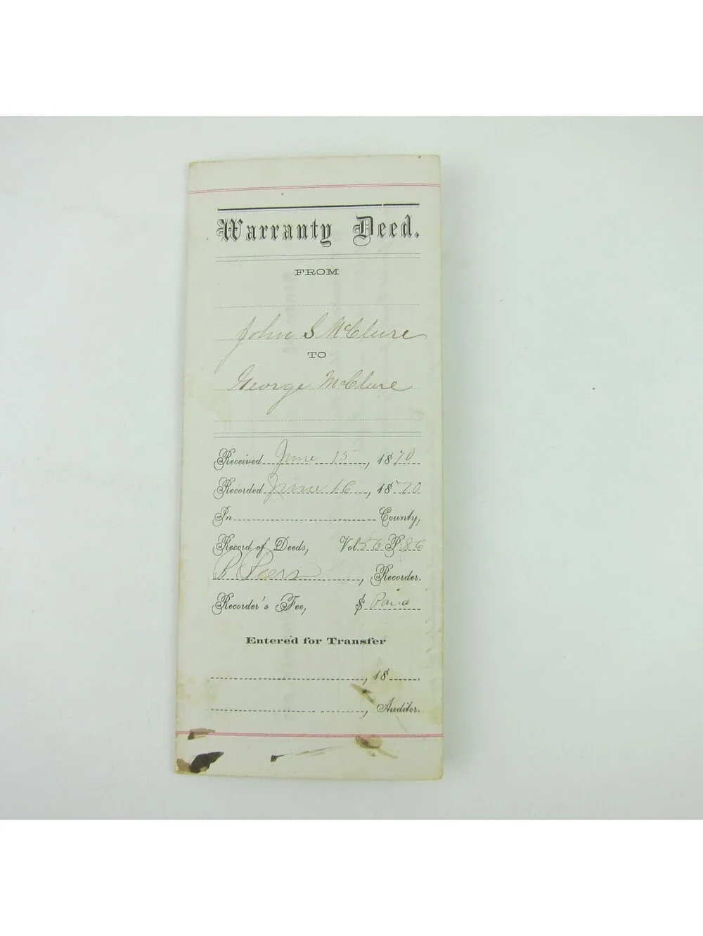 US Scott R81 Two Dollar Revenue Tax Stamp on 1870 Darke County Ohio Land Deed